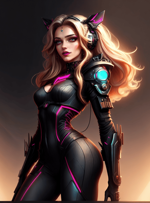 cyberpunk woman, neon armor, futuristic outfit, blonde hair, mechanical ears, glowing lights