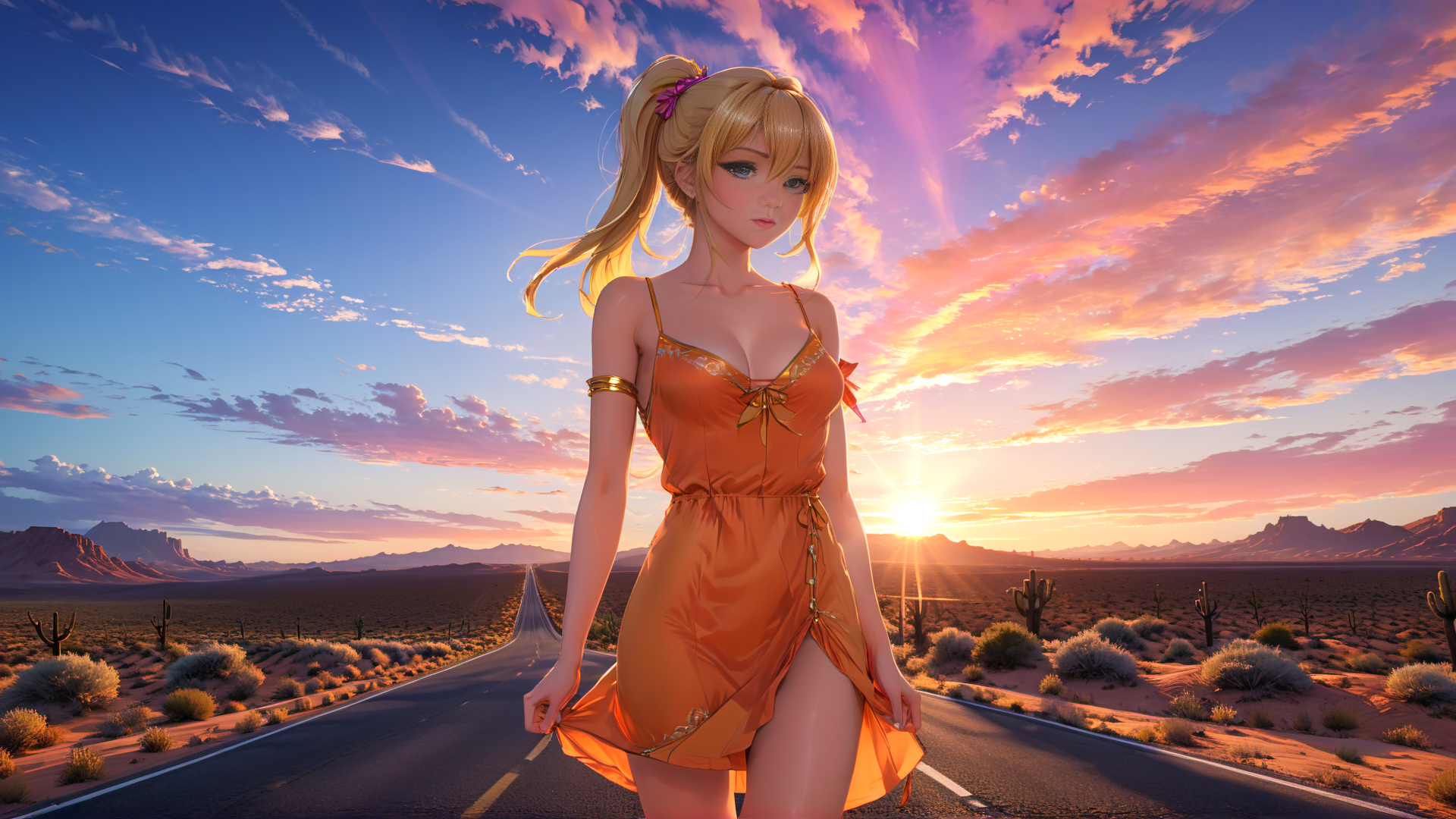 AI generated wallpaper featuring woman, desert, road