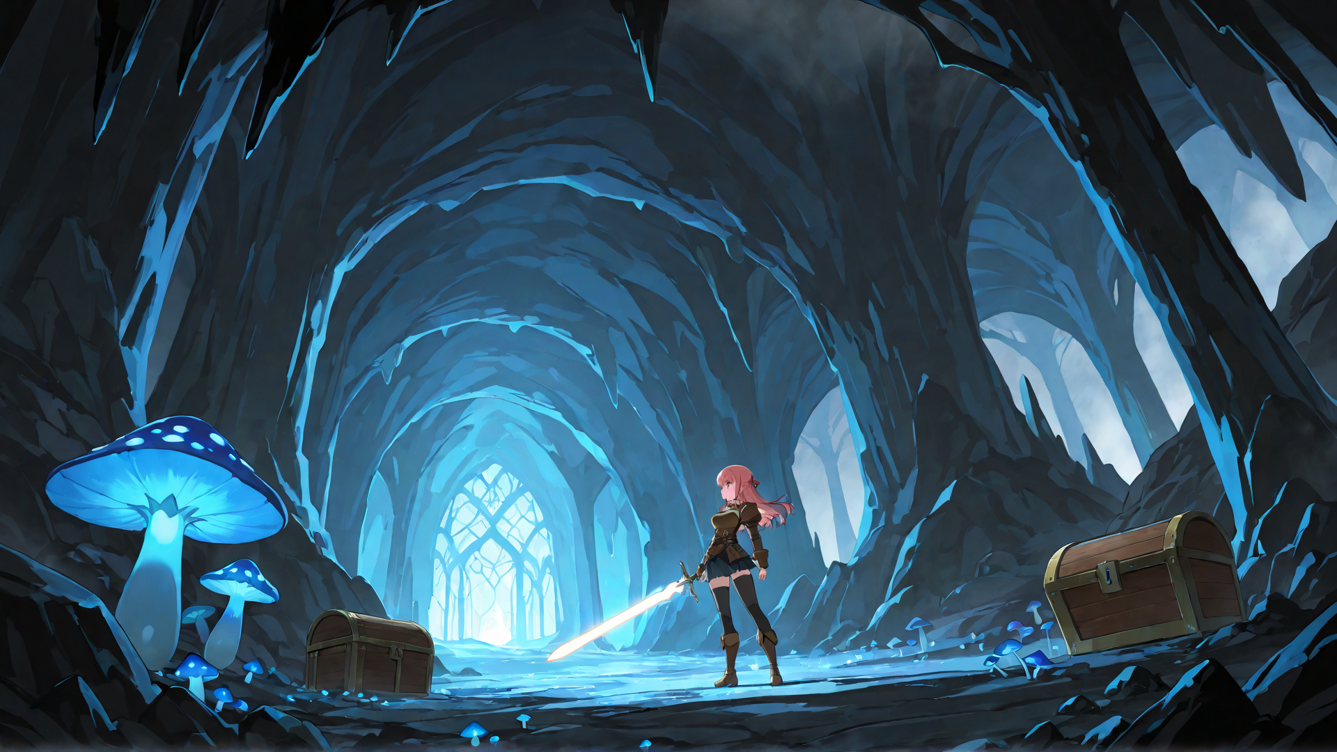 AI generated wallpaper featuring girl, sword, mushroom, chest, cave