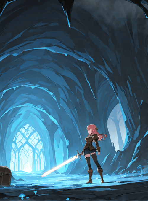 girl, sword, mushroom, chest, cave
