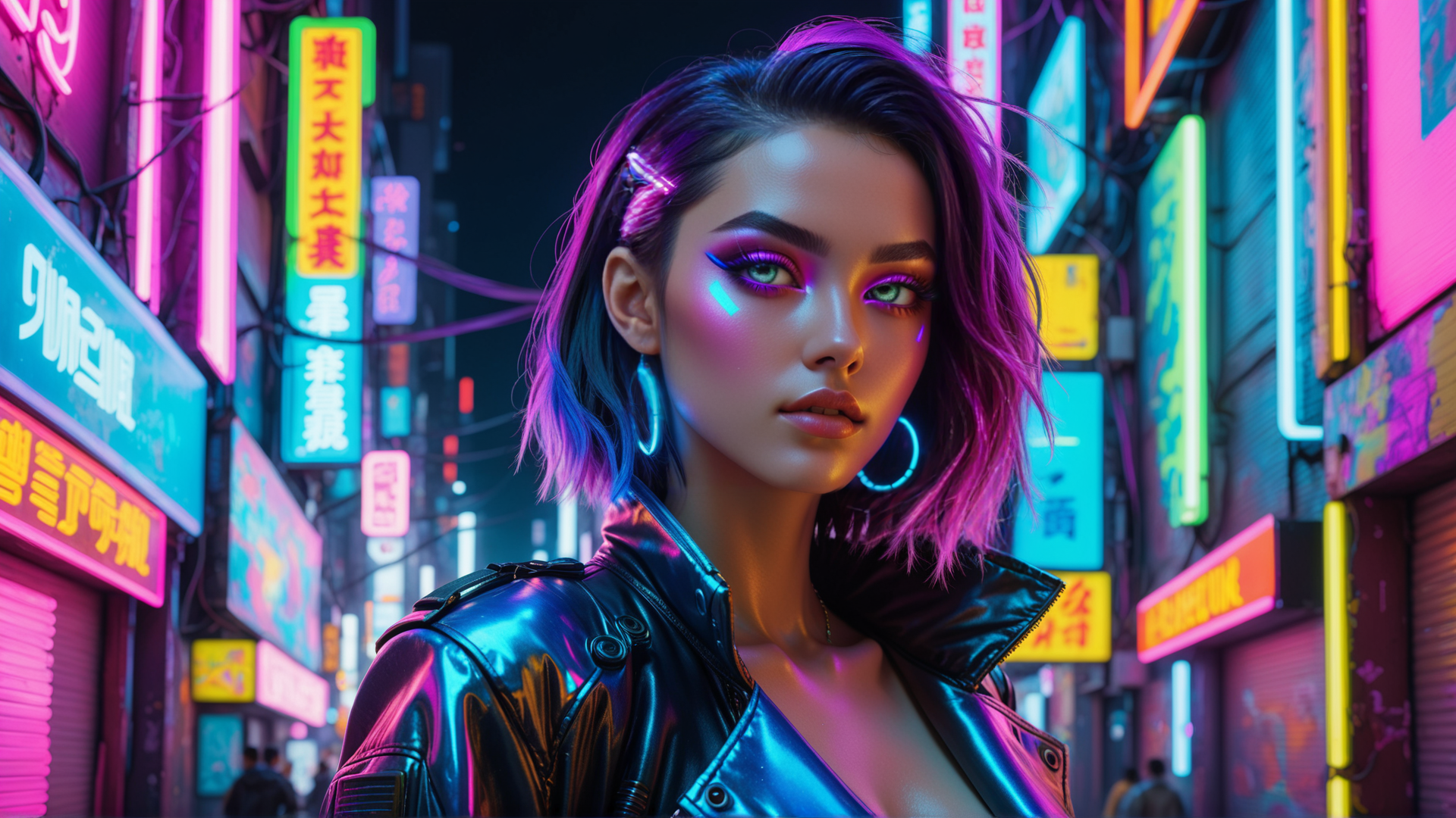 AI generated wallpaper featuring woman, cyberpunk, neon