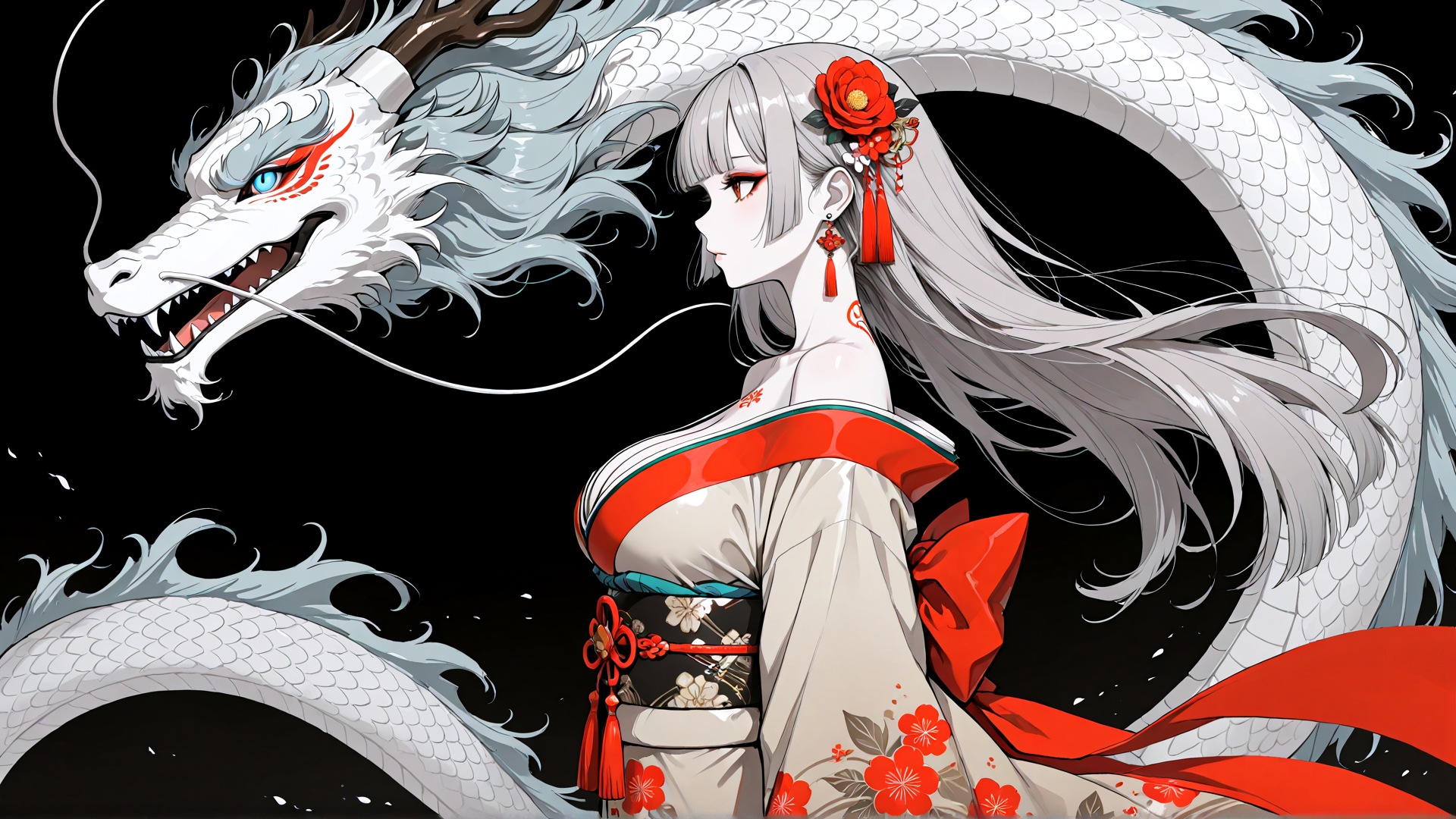 AI generated wallpaper featuring dragon, girl, kimono, hair, flower
