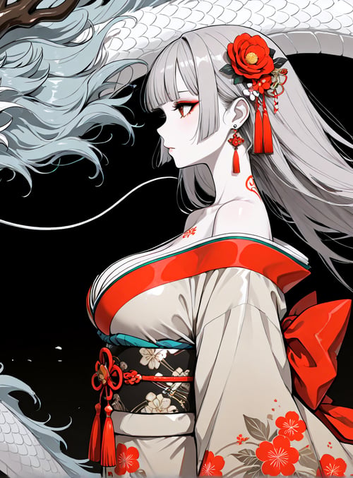 dragon, girl, kimono, hair, flower