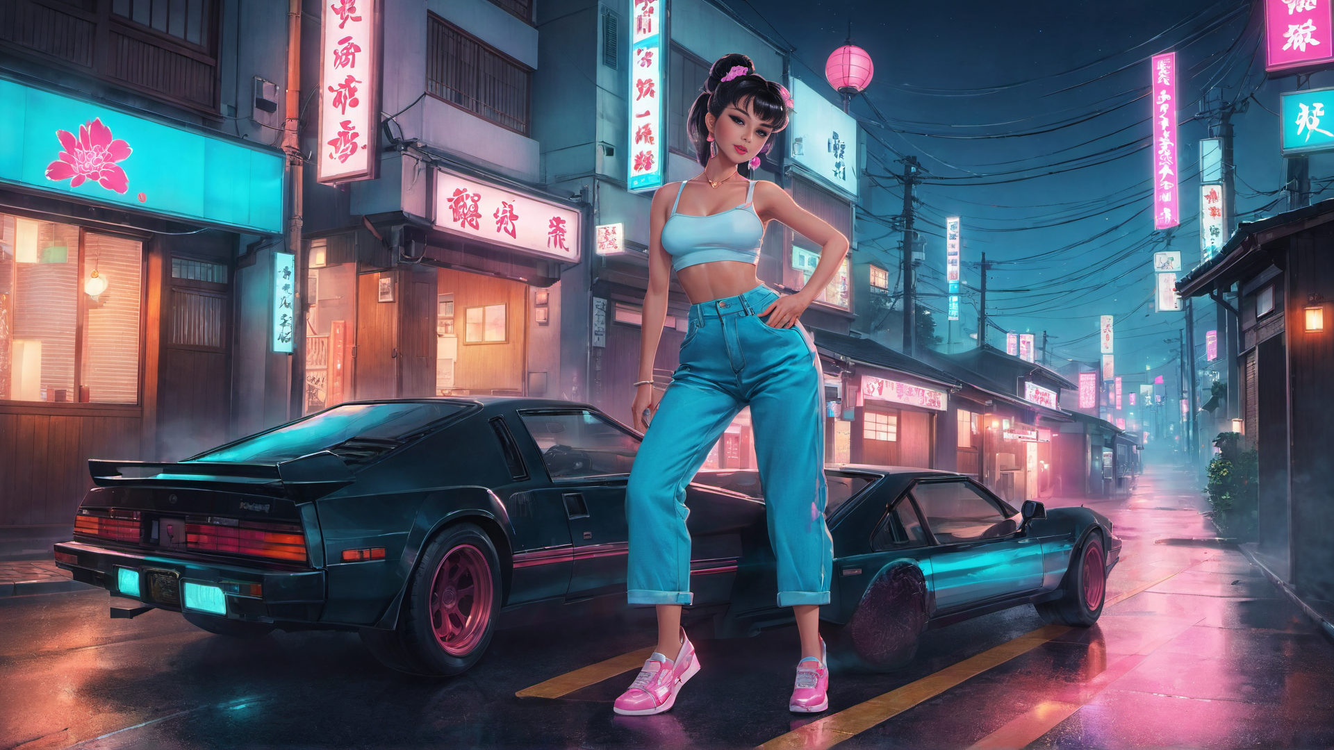 AI generated wallpaper featuring woman, car, street