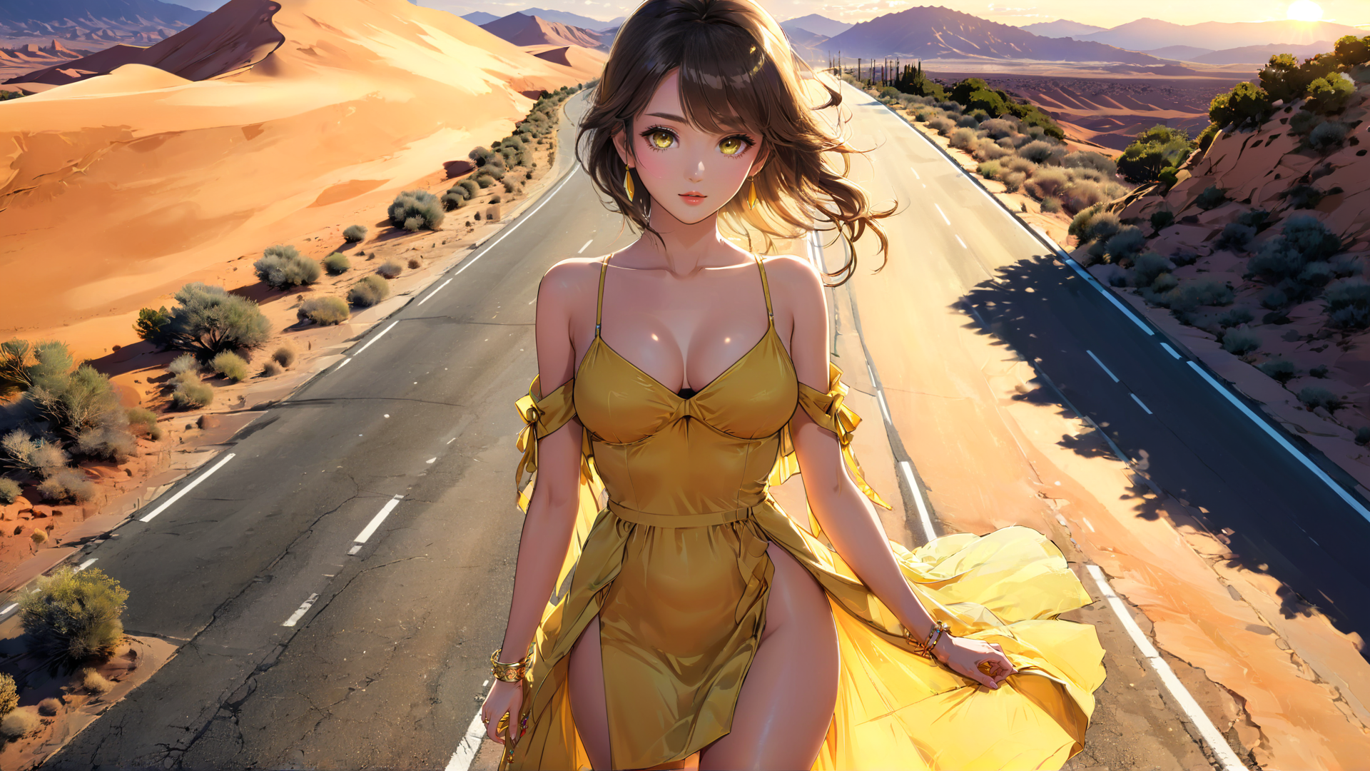 AI generated wallpaper featuring woman, desert, road