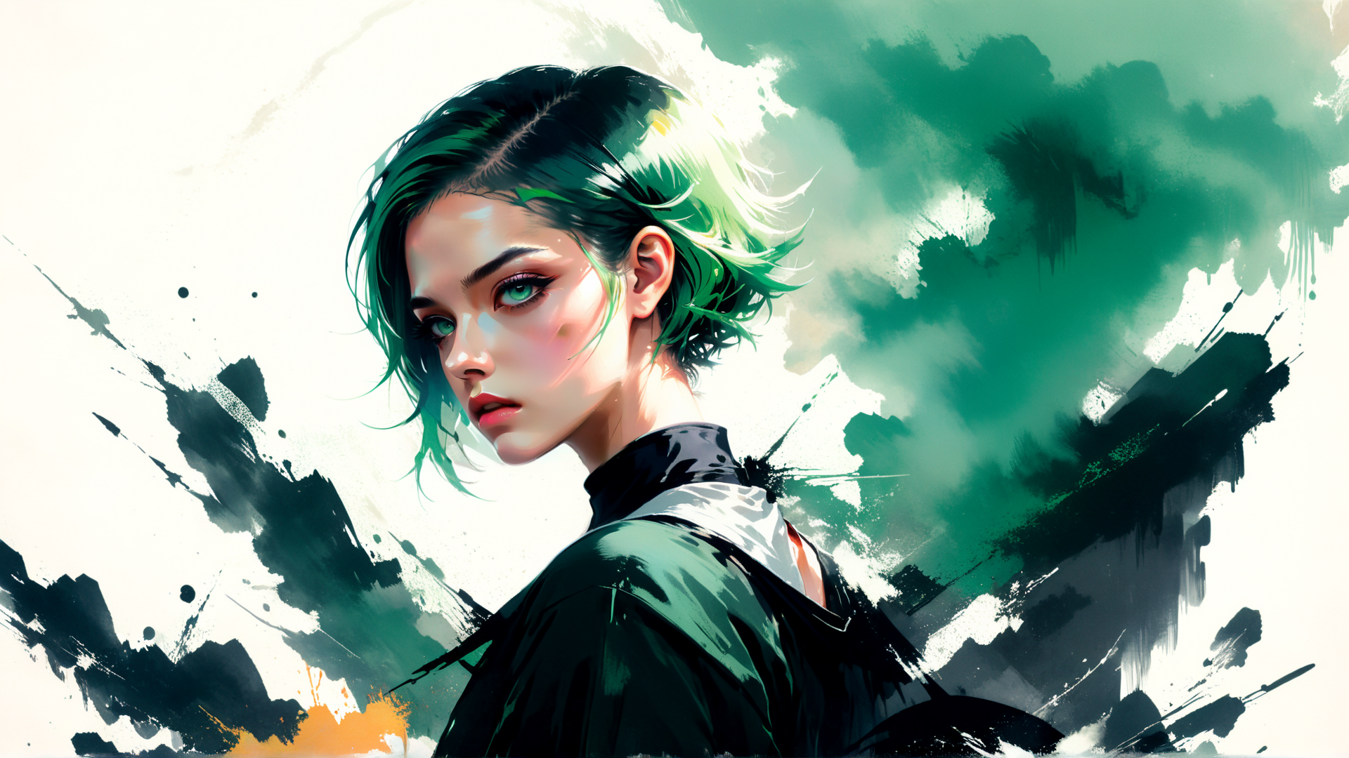AI generated wallpaper featuring woman, hair, shirt, ink, paint