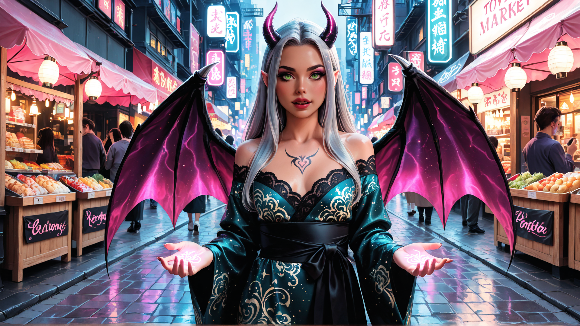 AI generated wallpaper featuring demon, woman, dress, wings, market, streets, signs, shops, hands, tattoo