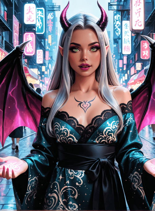 demon, woman, dress, wings, market, streets, signs, shops, hands, tattoo