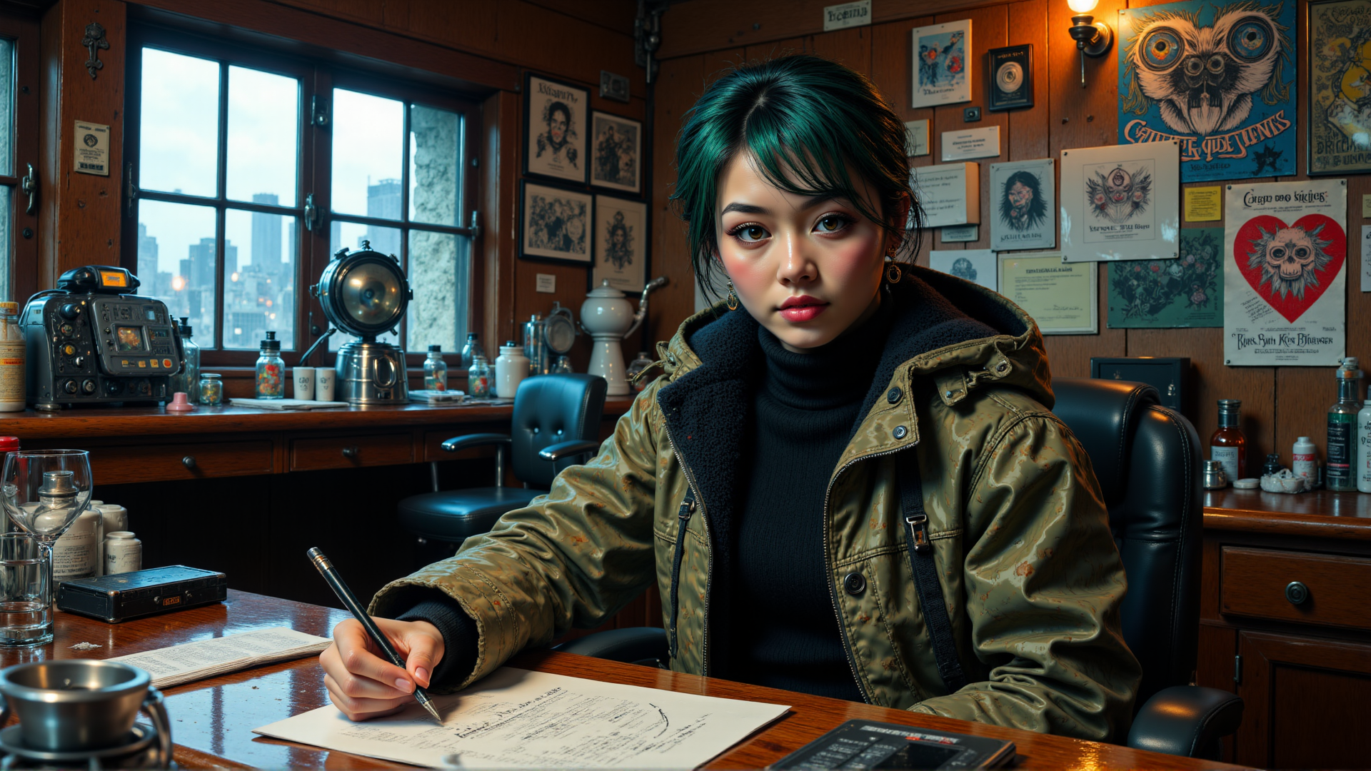 AI generated wallpaper featuring person, desk, pen, paper, jacket, turtleneck, window, wall, chair, bottle