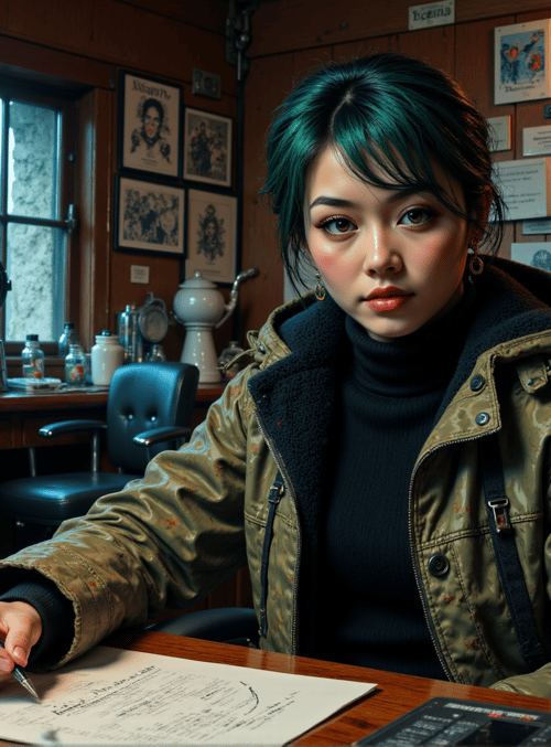 person, desk, pen, paper, jacket, turtleneck, window, wall, chair, bottle
