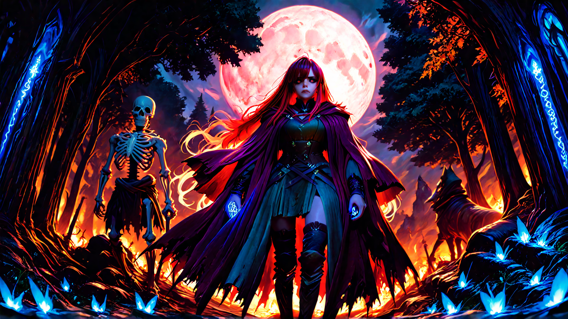 AI generated wallpaper featuring woman, skeleton, wolf, trees