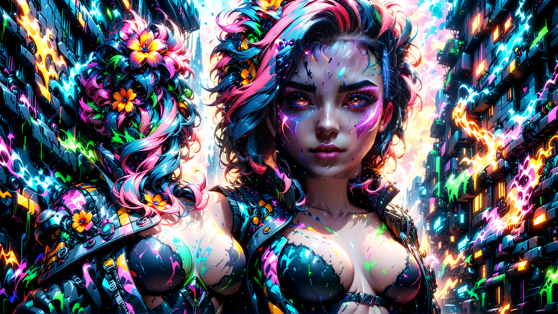 AI generated wallpaper featuring cyberpunk woman, neon city