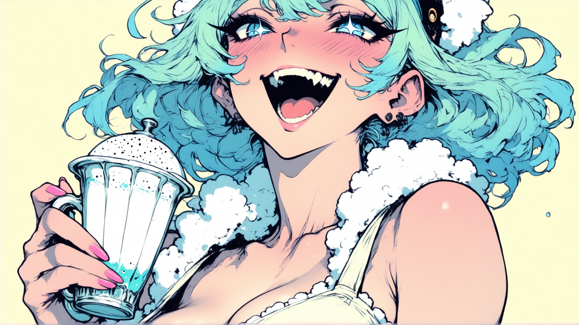 AI generated wallpaper featuring anime girl, milkshake, blue hair, earrings, clouds, dress