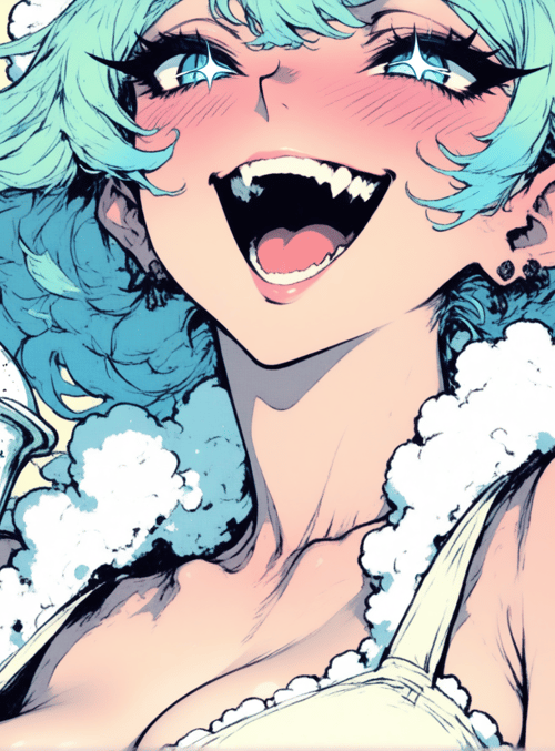 anime girl, milkshake, blue hair, earrings, clouds, dress