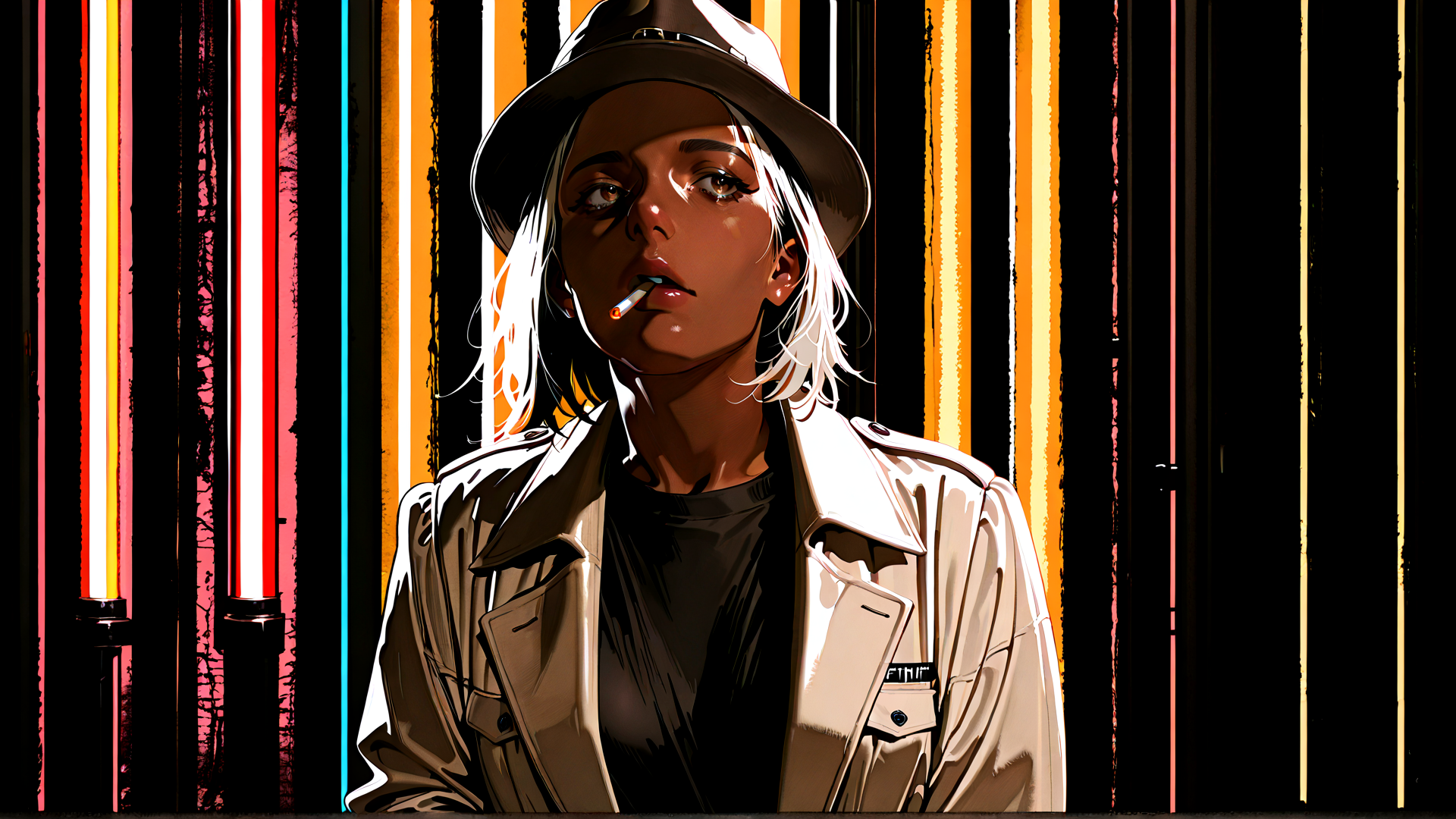 AI generated wallpaper featuring woman, hat, jacket, cigarette, neon