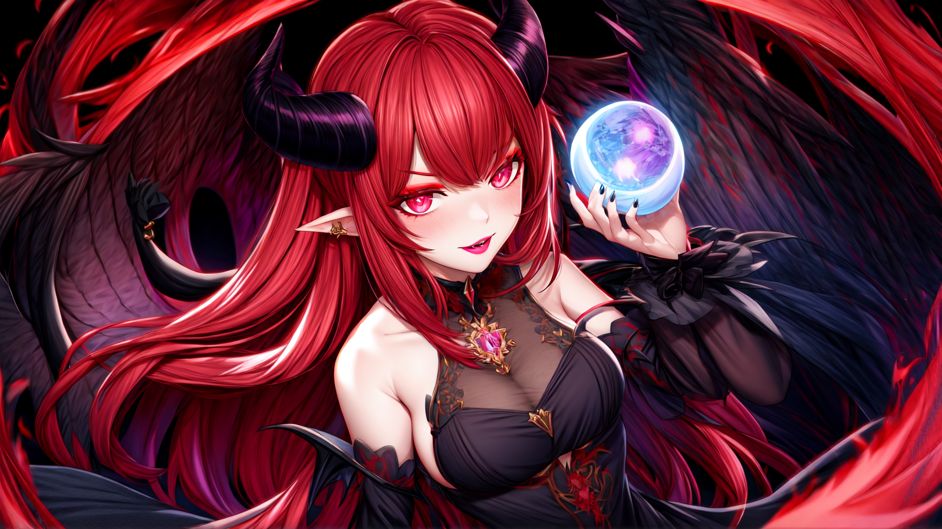 AI generated wallpaper featuring red-haired woman, horned, elven ears, crystal ball, wings, gloved hand, demon, dress