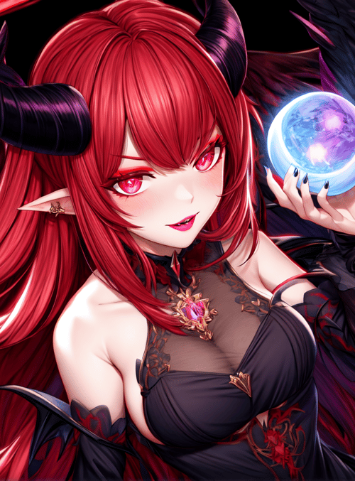 red-haired woman, horned, elven ears, crystal ball, wings, gloved hand, demon, dress