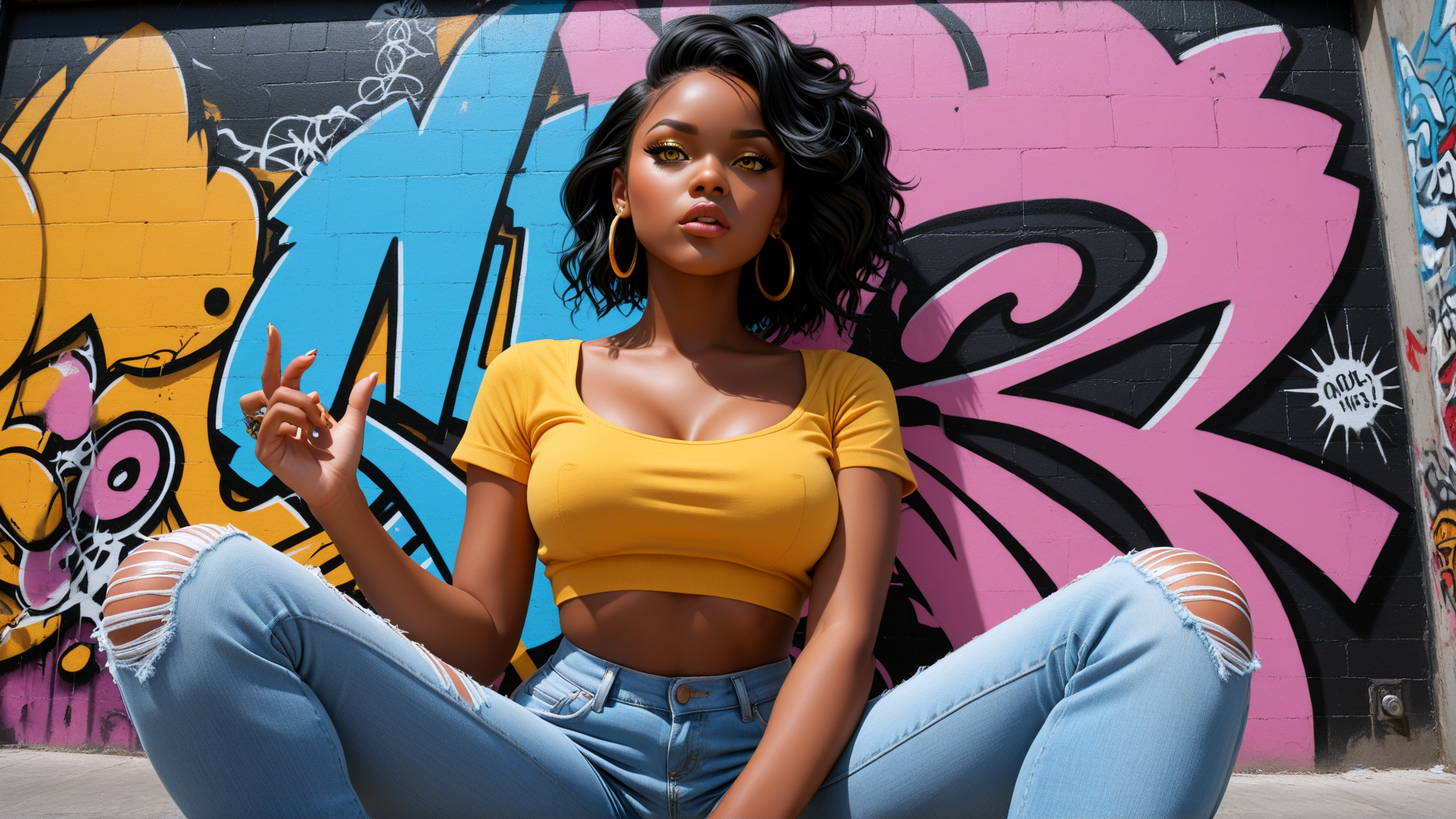 AI generated wallpaper featuring woman, graffiti, wall, jeans, top