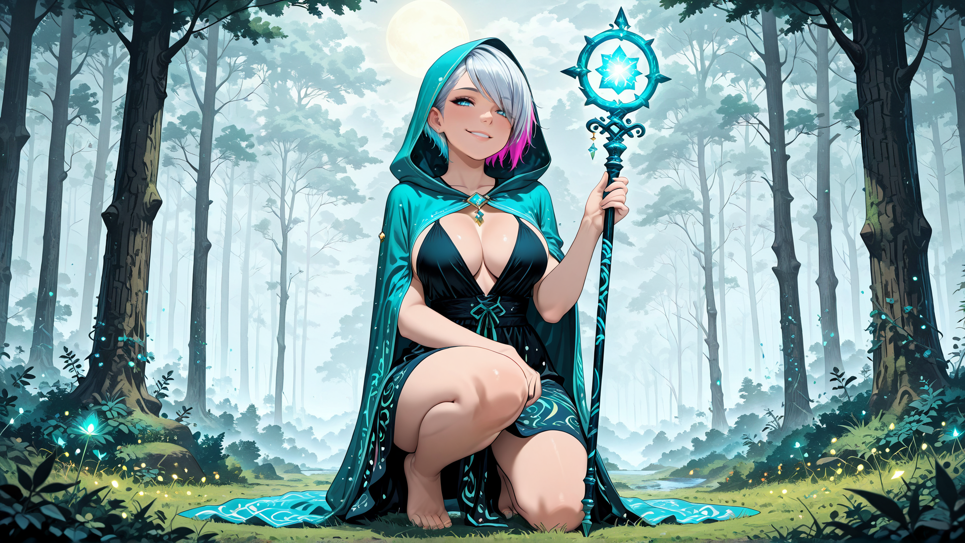 AI generated wallpaper featuring witch, forest, moon, staff, fairy, glow