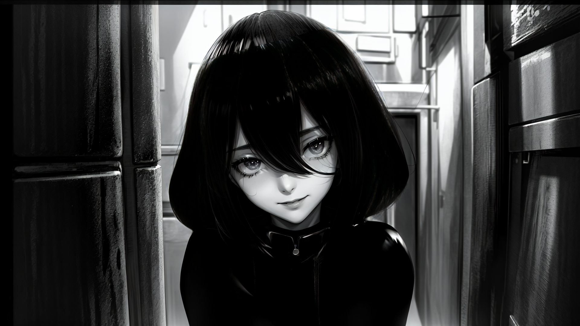 AI generated wallpaper featuring girl, anime, corridor