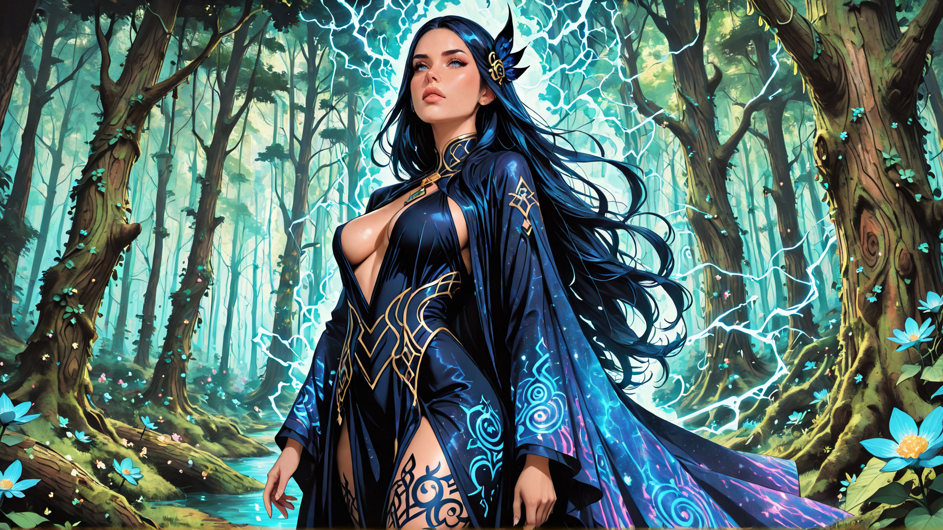 AI generated wallpaper featuring woman, mage, forest, trees, flowers, lightning