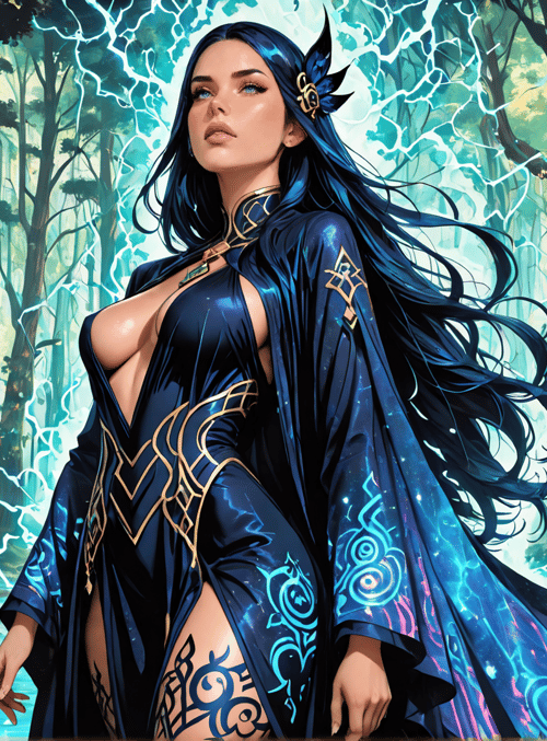 woman, mage, forest, trees, flowers, lightning