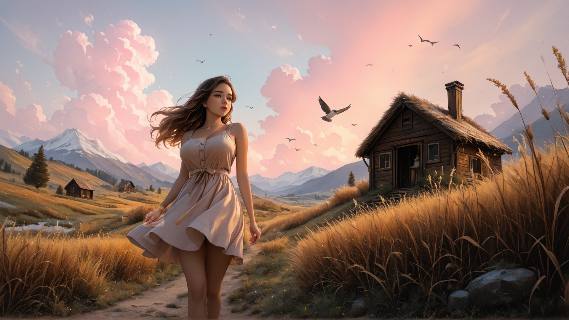 AI generated wallpaper featuring woman, house, mountains