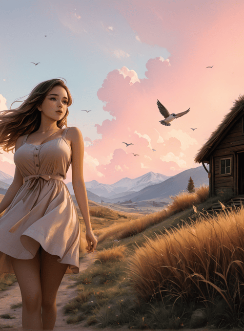 woman, house, mountains