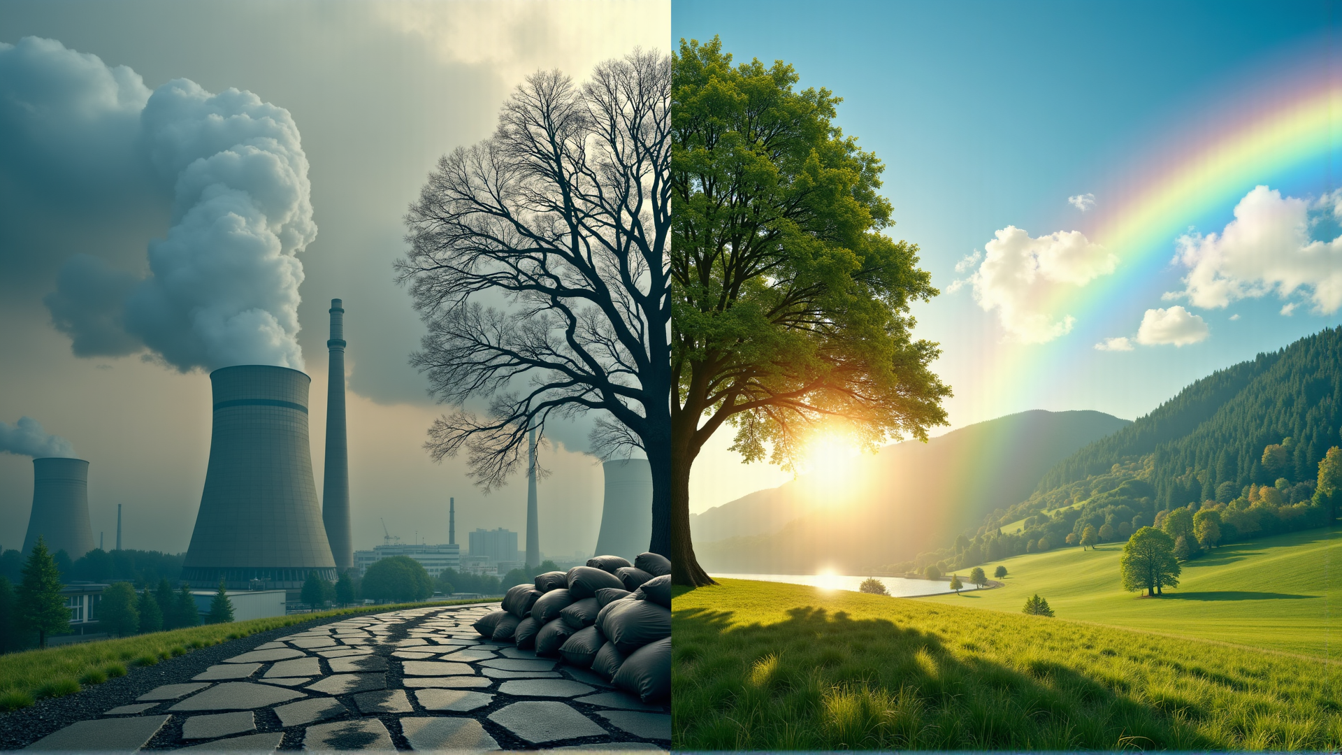 AI generated wallpaper featuring power plant, tree, landscape