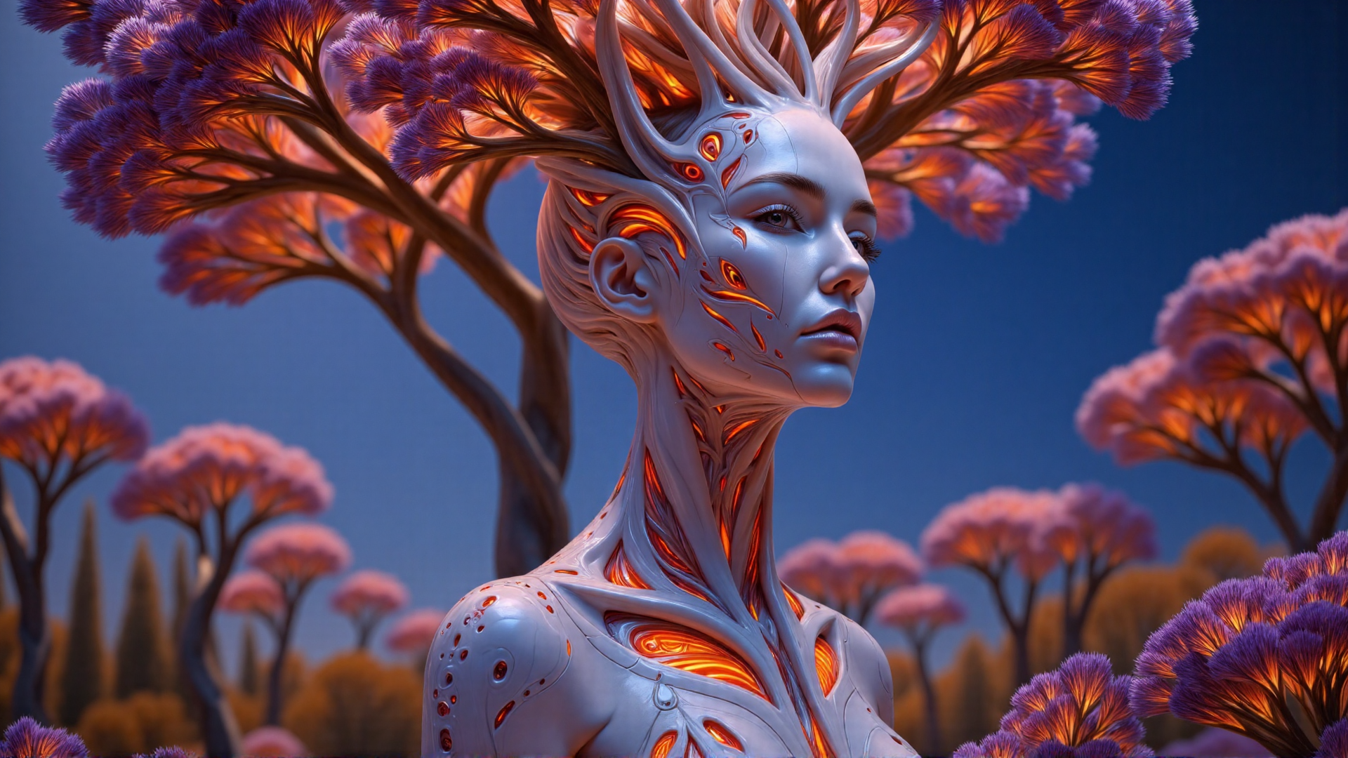 AI generated wallpaper featuring cyborg, tree, human, neural, nature, artificial