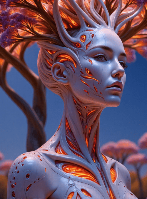 cyborg, tree, human, neural, nature, artificial