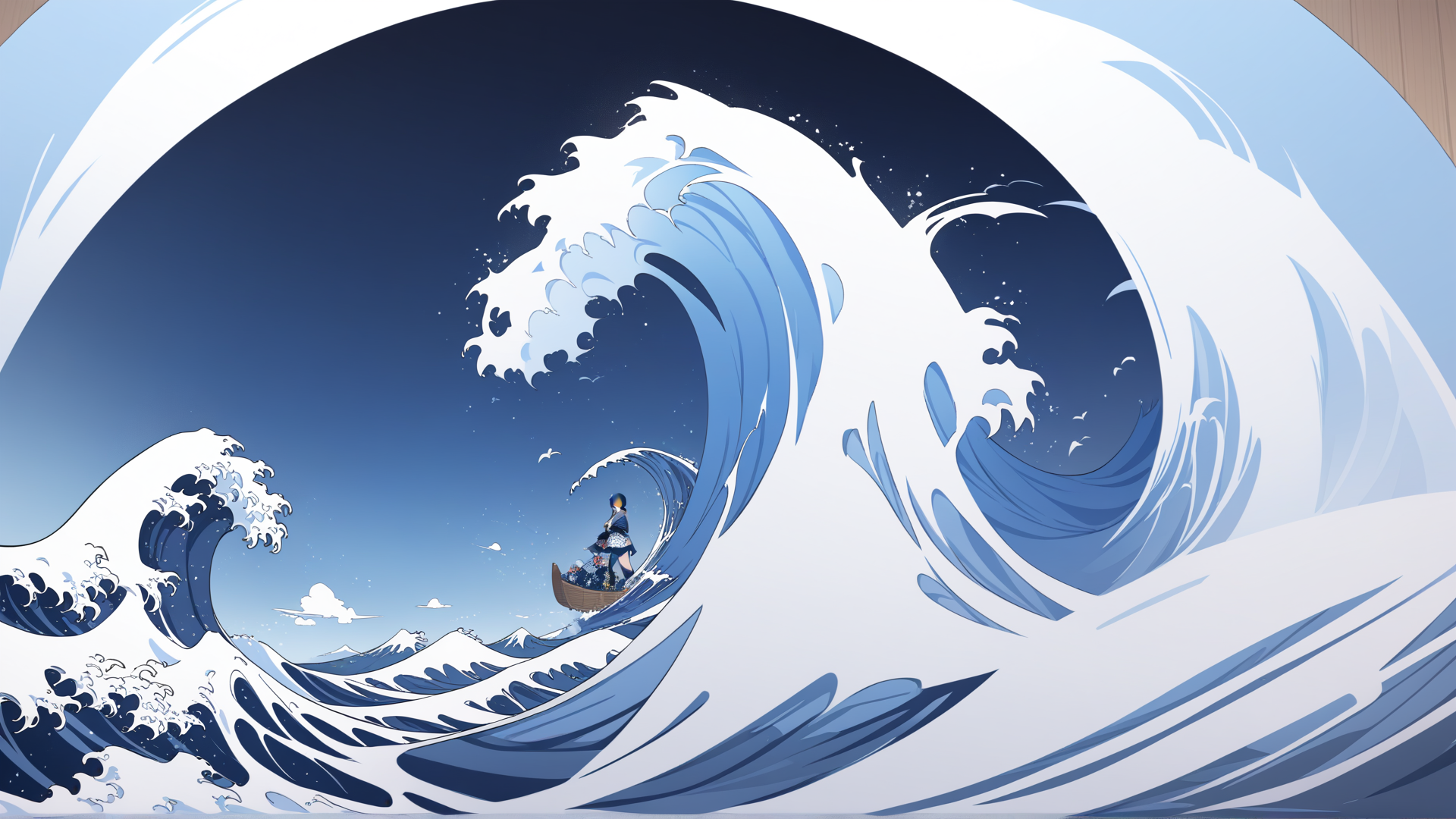 AI generated wallpaper featuring wave, girl, boat