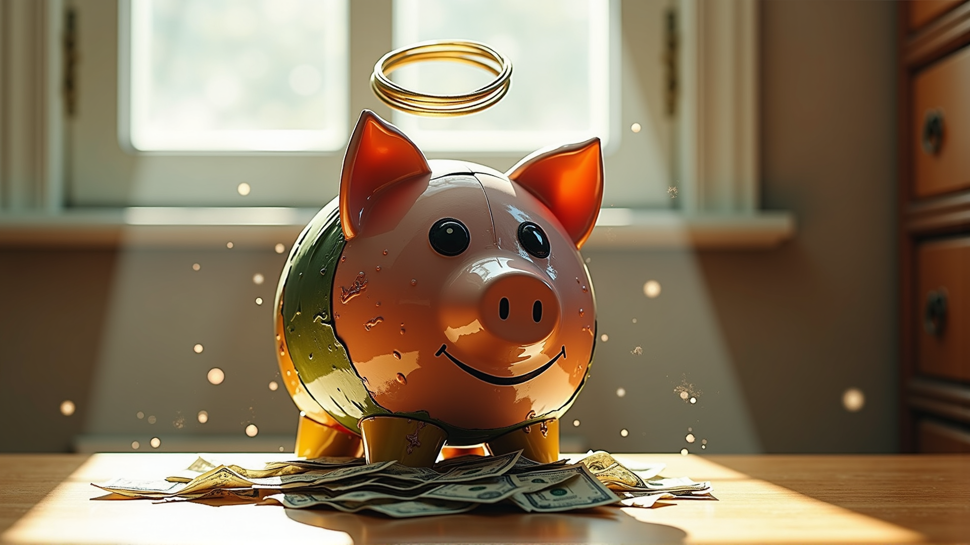 AI generated wallpaper featuring piggy bank, money, coins, dollars, gold ring