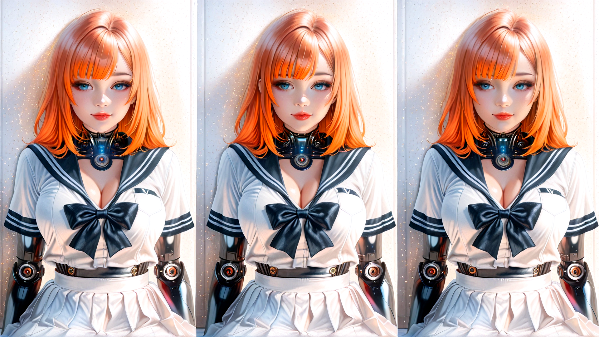 AI generated wallpaper featuring cyberpunk girl, sailor uniform, robotic arms