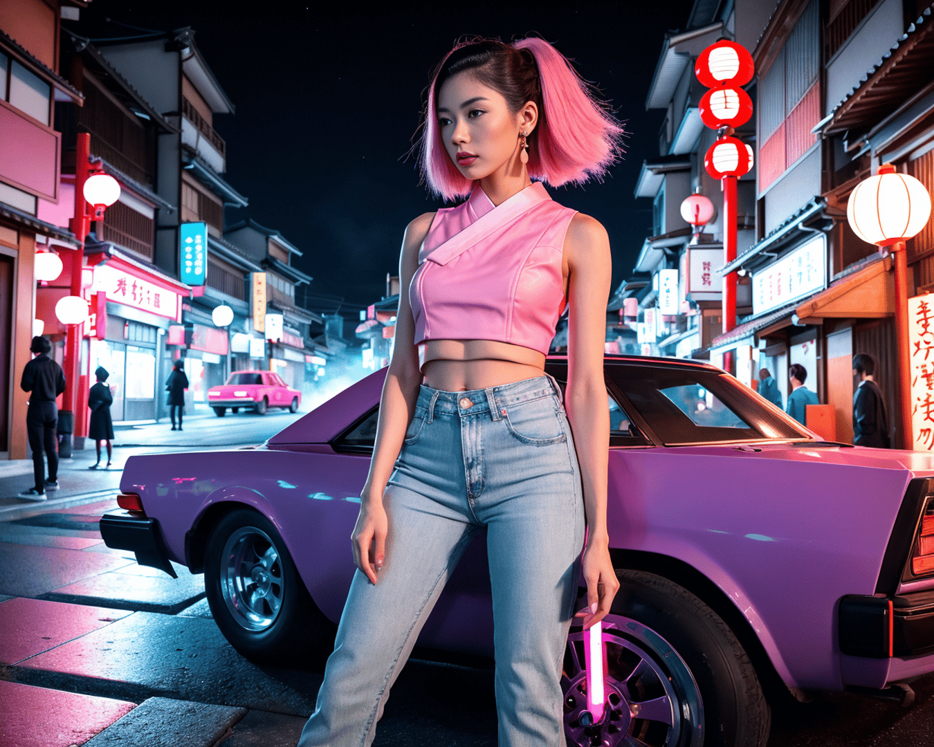 AI generated wallpaper featuring woman, car, street