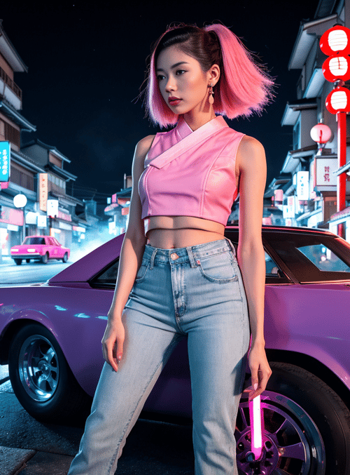 woman, car, street