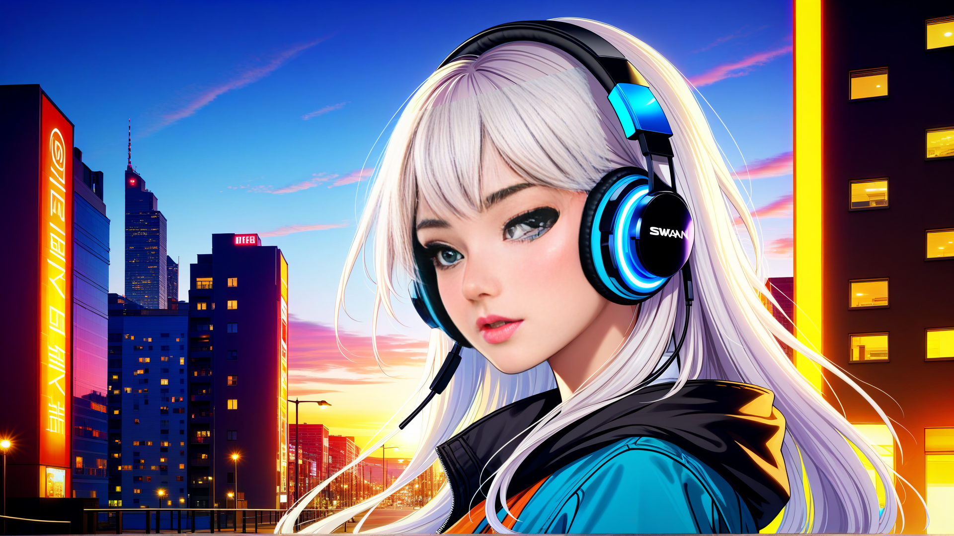 AI generated wallpaper featuring girl, headphones, cityscape, neon, buildings