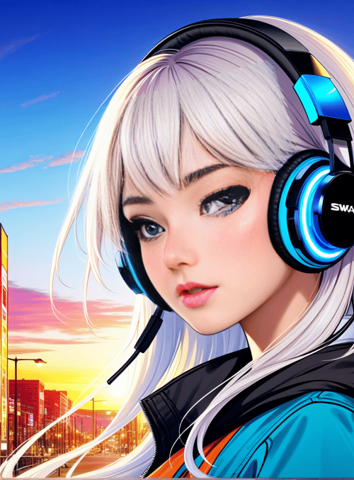 girl, headphones, cityscape, neon, buildings
