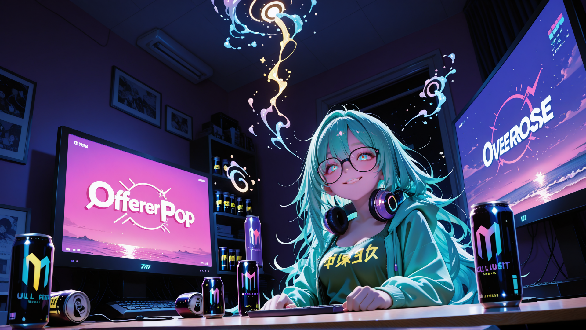 AI generated wallpaper featuring anime girl, computer setup, gaming, cans, headphones, monitors, desk, neon lights, sweater, glasses