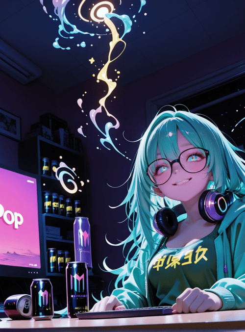 anime girl, computer setup, gaming, cans, headphones, monitors, desk, neon lights, sweater, glasses