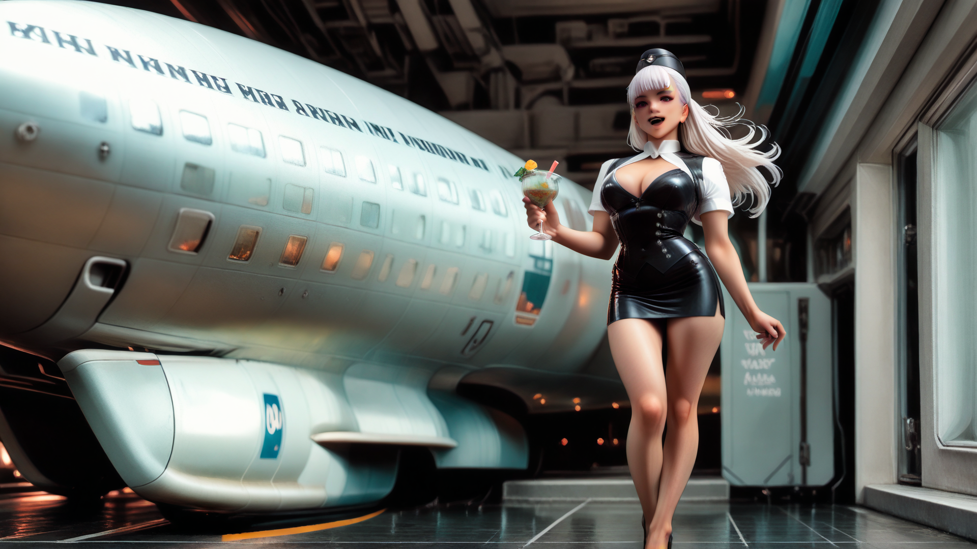 AI generated wallpaper featuring woman, airplane, cocktail, uniform, glasses, hair, heels, gloves, nose, lip