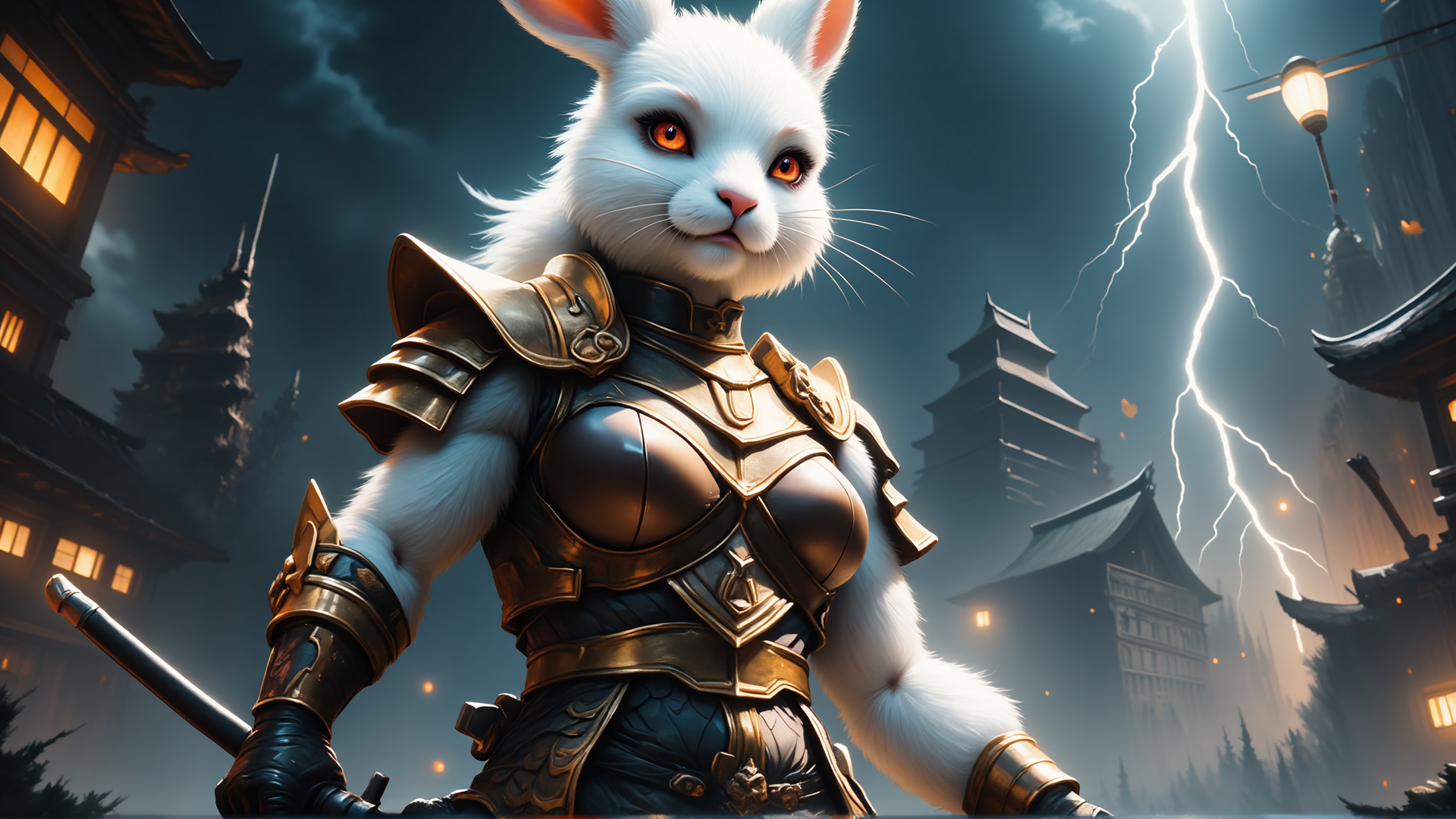 AI generated wallpaper featuring rabbit, warrior, armor, sword, building