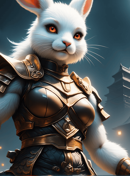 rabbit, warrior, armor, sword, building