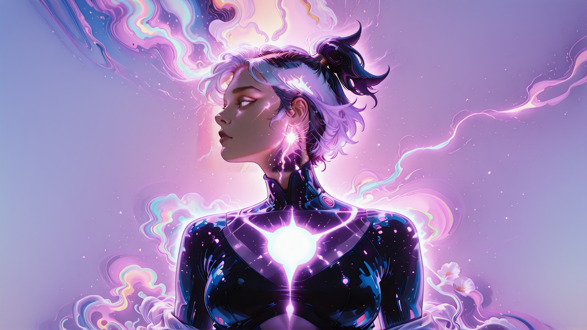 AI generated wallpaper featuring woman, cyborg, neon, energy, light, cloud