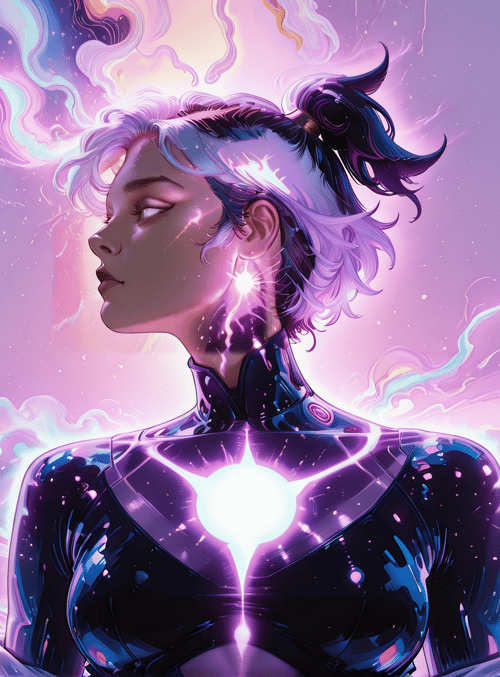 woman, cyborg, neon, energy, light, cloud