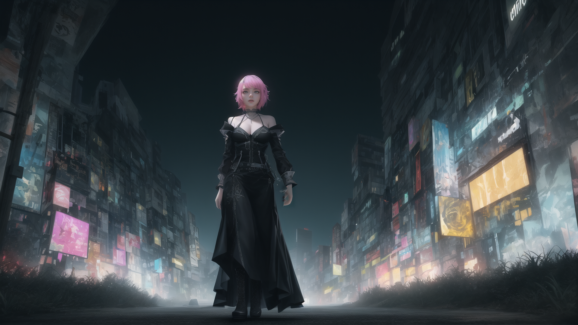 AI generated wallpaper featuring woman, cyberpunk, city