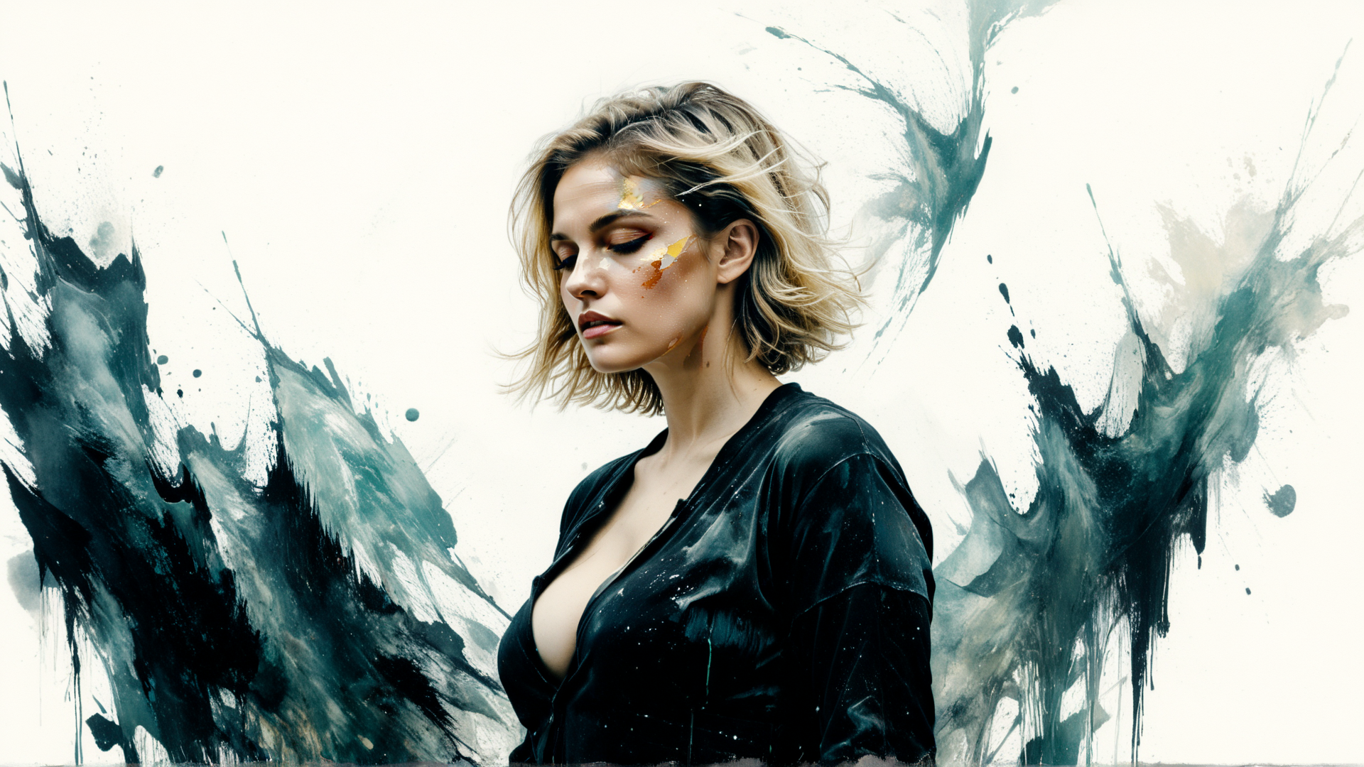 AI generated wallpaper featuring woman, paint, silk, blouse, hair, art