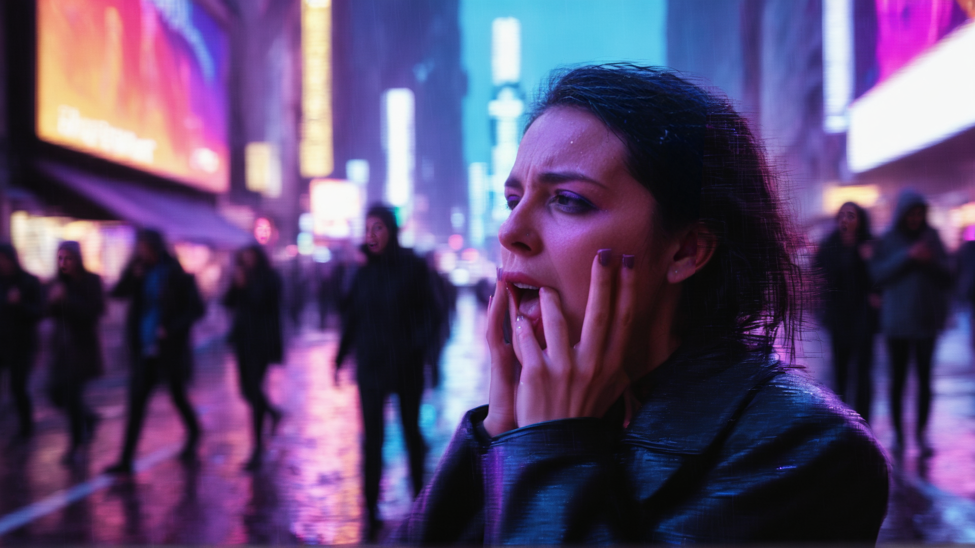 AI generated wallpaper featuring woman, city, crowd