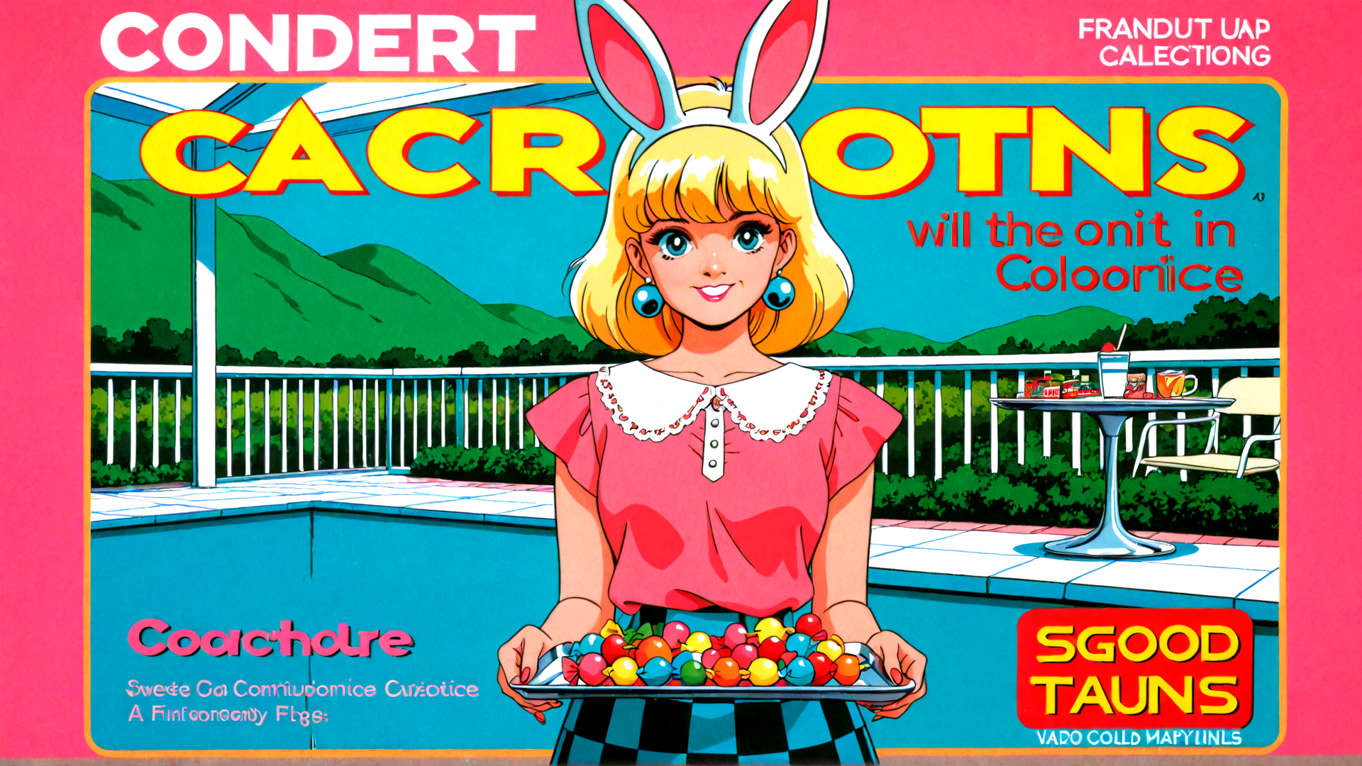 AI generated wallpaper featuring rabbit, girl, balloons, pool, table, mountains, chair, lawn, text, tray
