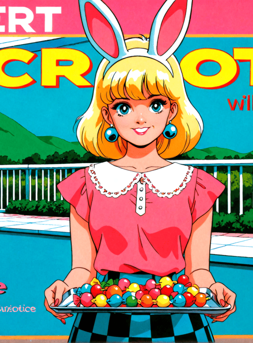 rabbit, girl, balloons, pool, table, mountains, chair, lawn, text, tray